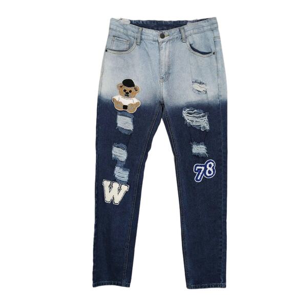GB Other - GB18401-2010 Classic B Men's 32x31 Distressed Bleach Jeans Bear Varsity Patches